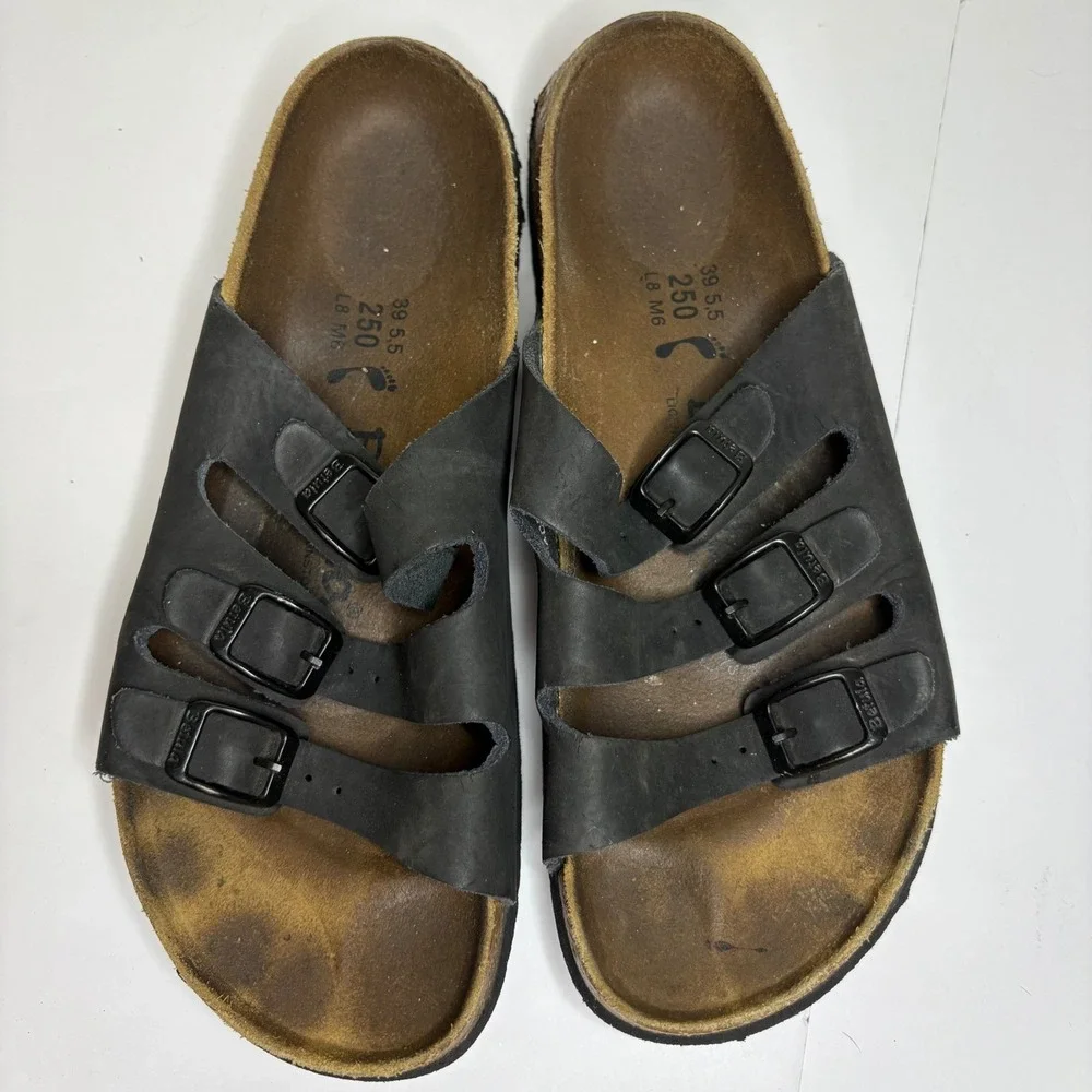 Birkenstocks Betula Black Leather Triple Strap Sandals Women's Size 39 5.5‎